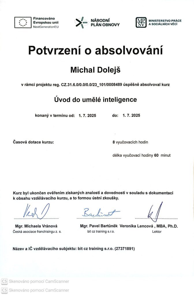 Certifikace Michal Dolejš